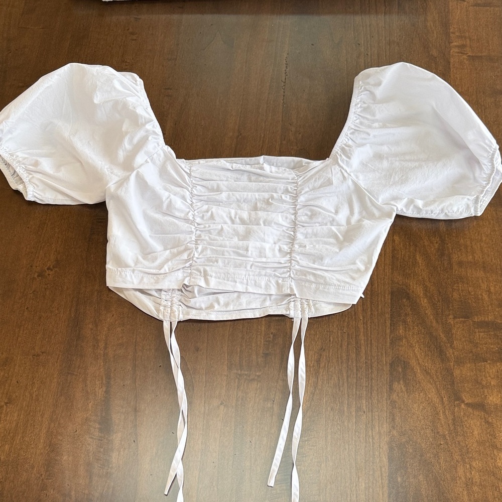 Missguided White Poplin Ruched Tie Puff Sleeve Crop Top - Picture 3 of 3